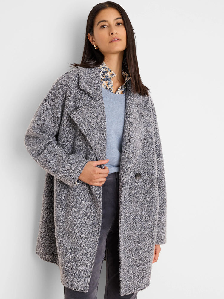 Mixed grey boucle knit jacket with lapel collar, relaxed fit, and single dark button.