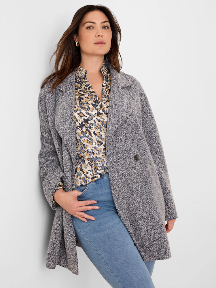 Mixed boucle jacket, grey/black/white mottled knit. Features lapel collar, two-button front, and mid-thigh length.