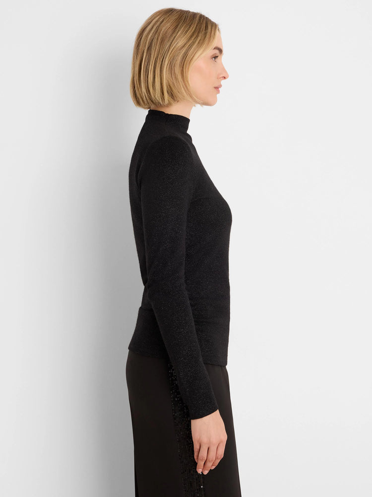 Fitted black sparkly long-sleeve mock neck top, shown from the side.