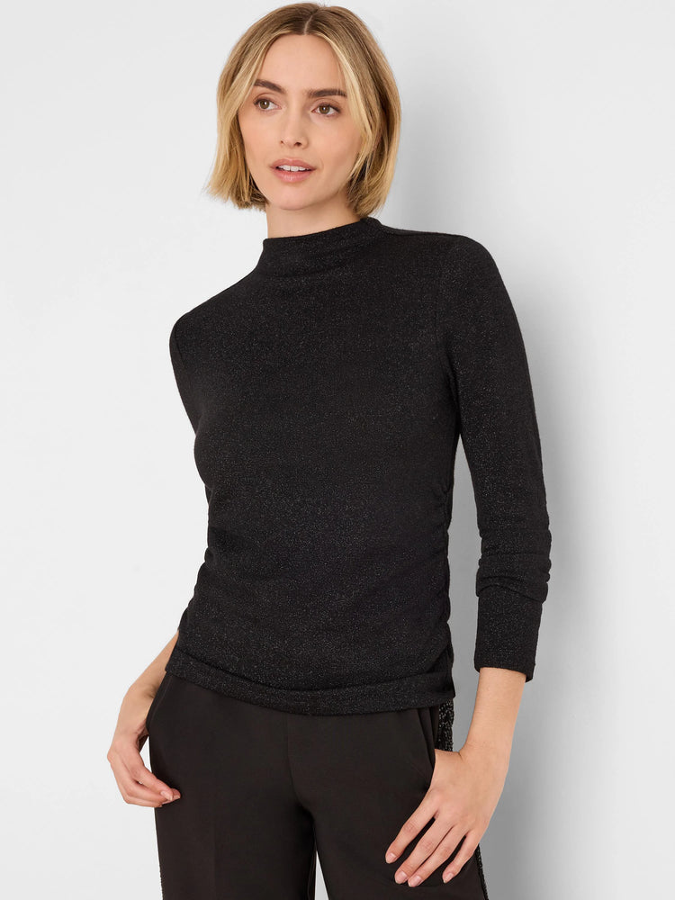 Black mock neck top with subtle silver sparkle, 3/4 sleeves, and ruched sides.