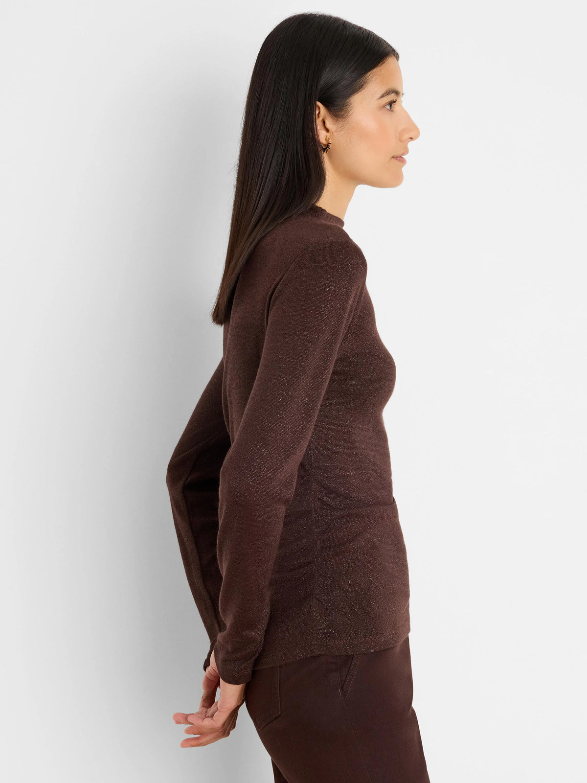 Dark brown sparkly top with side ruching, long sleeves, and high neck.