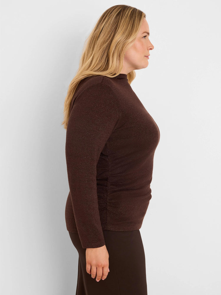 Dark brown sparkling ruched top with a mock neck and long sleeves.