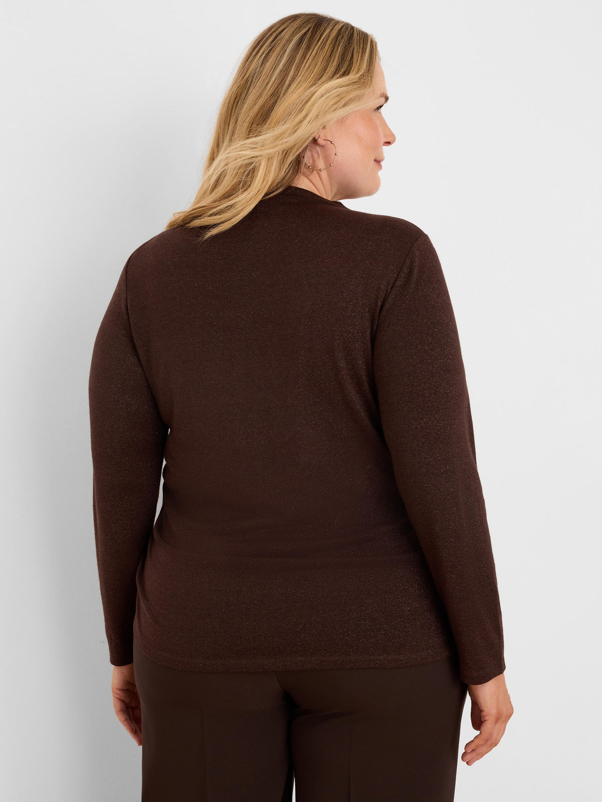 Dark brown, long-sleeved mock neck top with subtle shimmer.