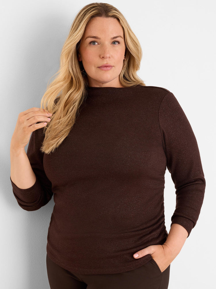 Dark brown sparkly top with boat neck, 3/4 sleeves, and subtle side ruching.