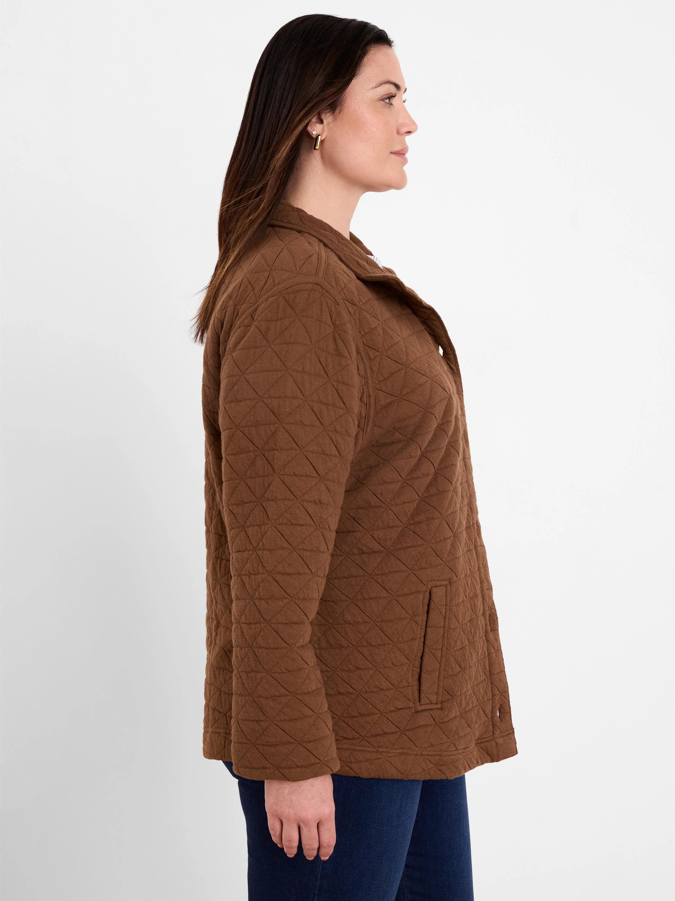 Brown quilted knit jacket with diamond pattern, collar, button front, and front patch pockets.