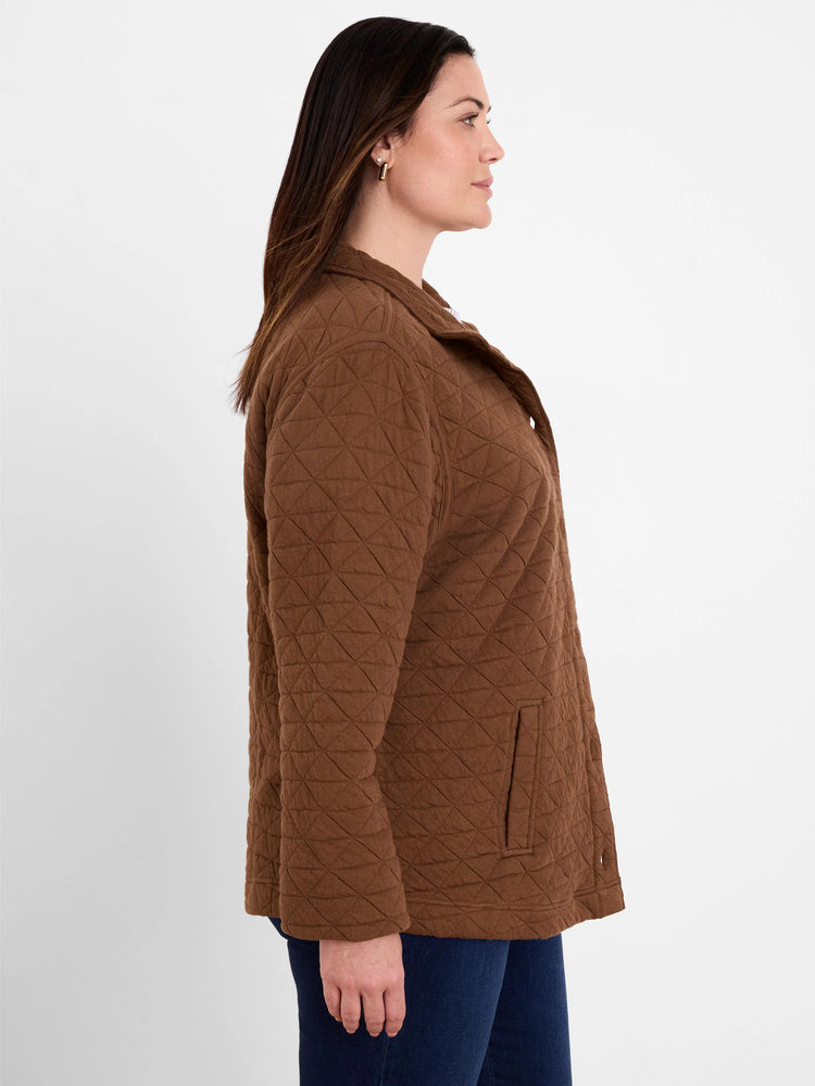 Brown quilted knit jacket with diamond pattern, collar, button front, and front patch pockets.