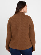 Brown quilted knit jacket with a diamond pattern. Model shown from the back.