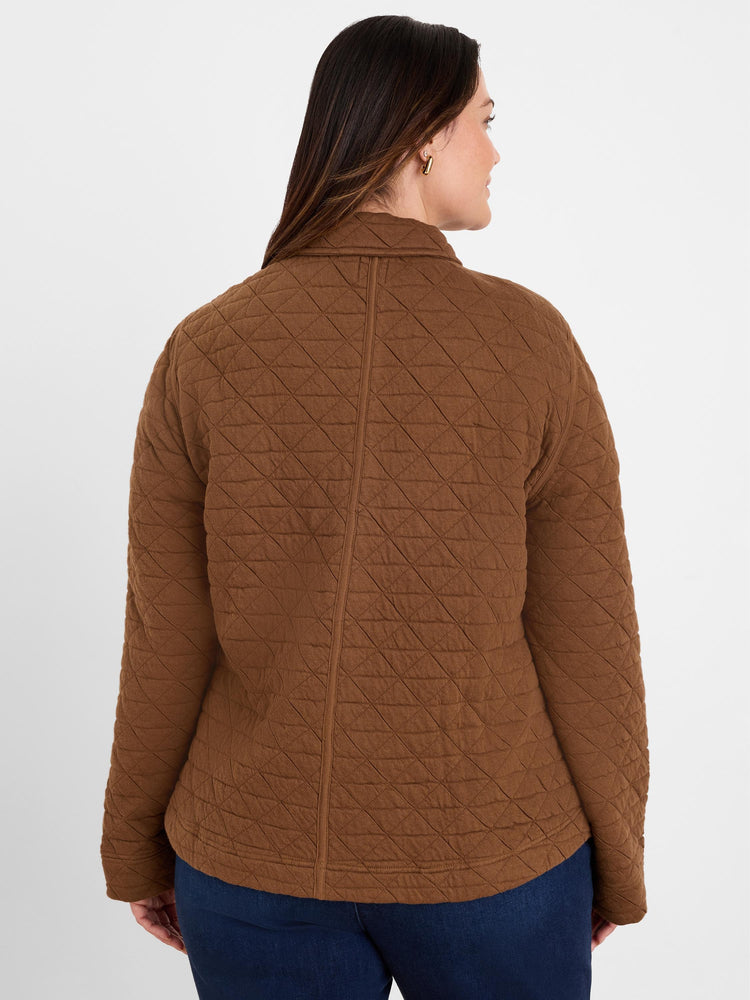 Brown quilted knit jacket with a diamond pattern. Model shown from the back.