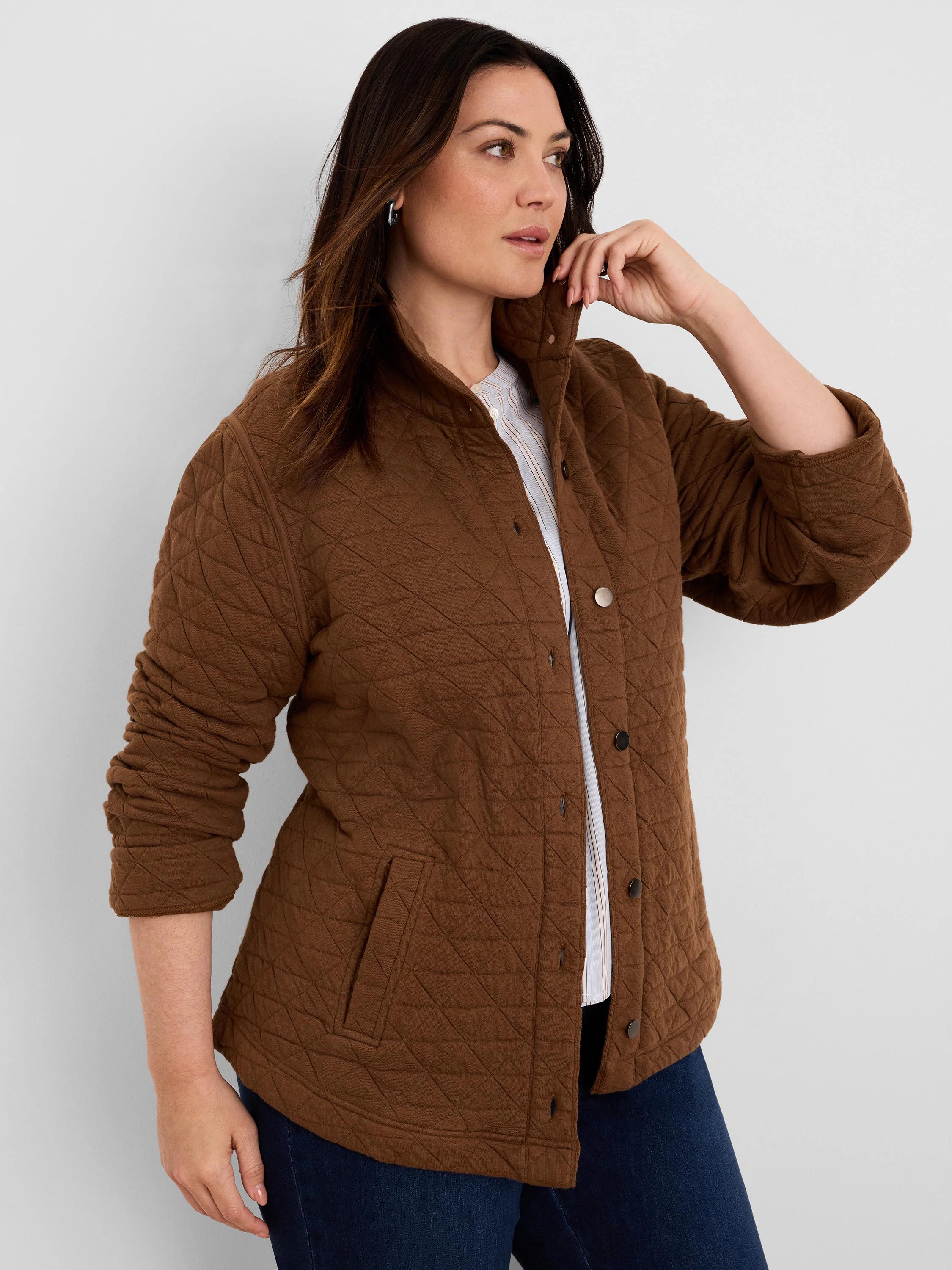 Brown quilted knit jacket with diamond pattern, stand collar, snap buttons, and front patch pockets.