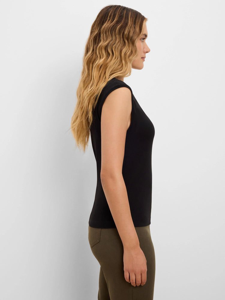 Black ribbed knit tank top. Sleeveless. Form-fitting.