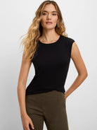 Black ribbed knit tank top with a crew neck and cap sleeves.