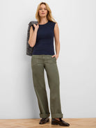 Navy blue rib-knit tank top, sleeveless with a round neckline.