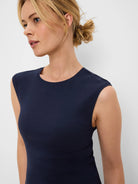 Navy ribbed knit tank top with a round neck.