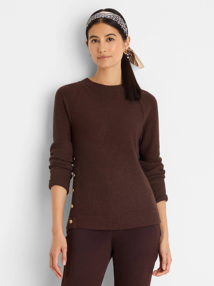 Dark brown waffle knit top with a crew neck and gold buttons along the left side.