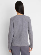 Heather gray waffle knit long-sleeve top with crew neck and raglan sleeves, shown from the back.