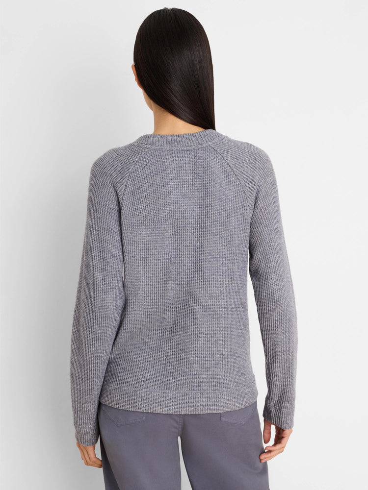 Heather gray waffle knit long-sleeve top with crew neck and raglan sleeves, shown from the back.