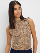 High-neck tank with a printed tweed pattern in shades of tan, brown, and black.