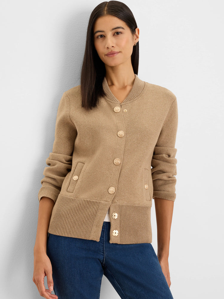Tan knit bomber jacket with ribbed trim, front snap closure, and two patch pockets.