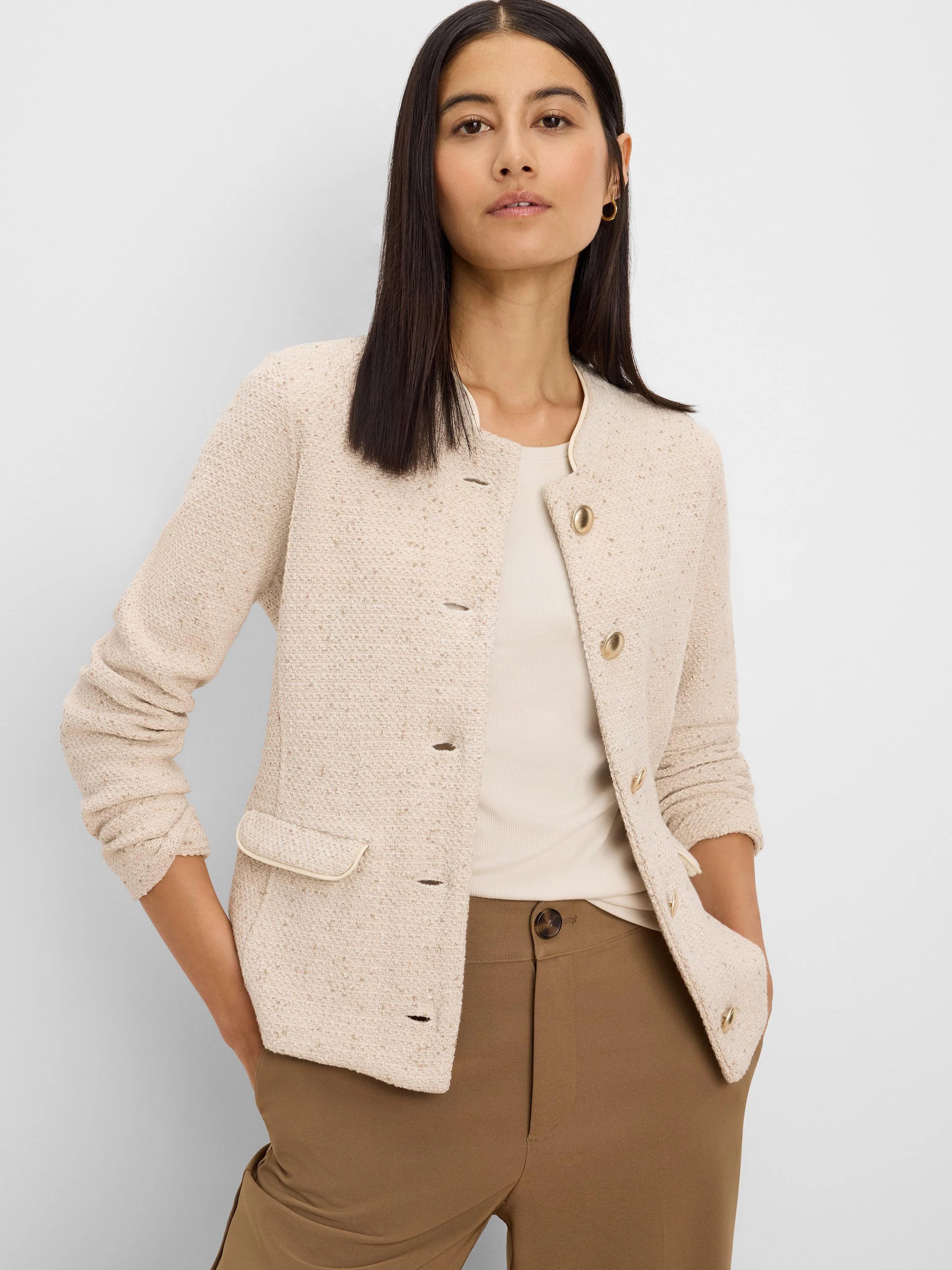 Oatmeal textured knit jacket, collarless, with subtle cream trim, gold buttons, and patch pockets.