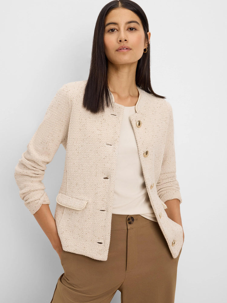 Oatmeal textured knit jacket, collarless, with subtle cream trim, gold buttons, and patch pockets.