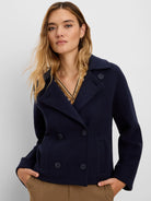 Navy blue knit jacket with double-breasted front, wide lapels, four visible buttons, and two patch pockets.