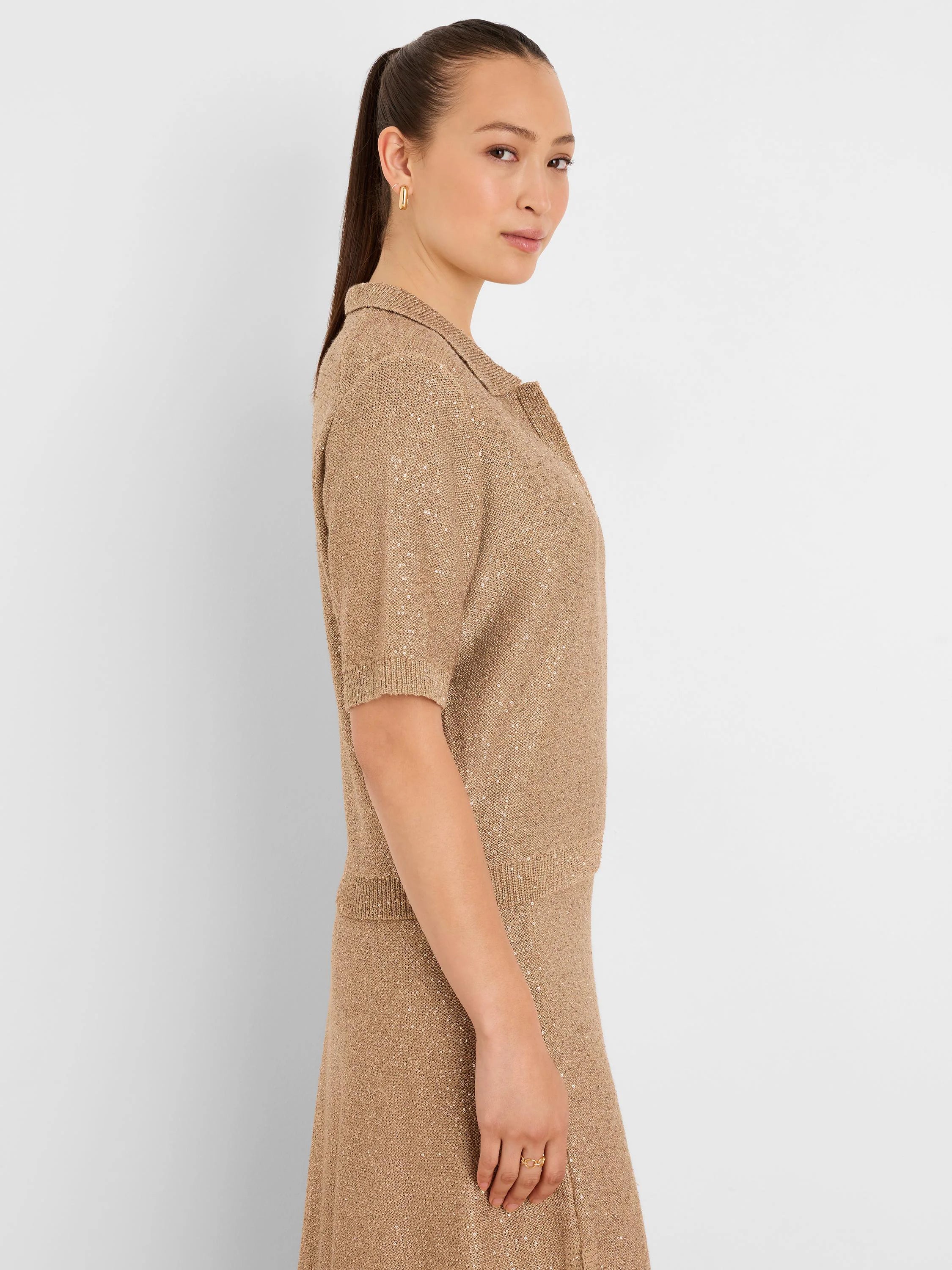 Anytime Sequin Polo Sweater in Chc
