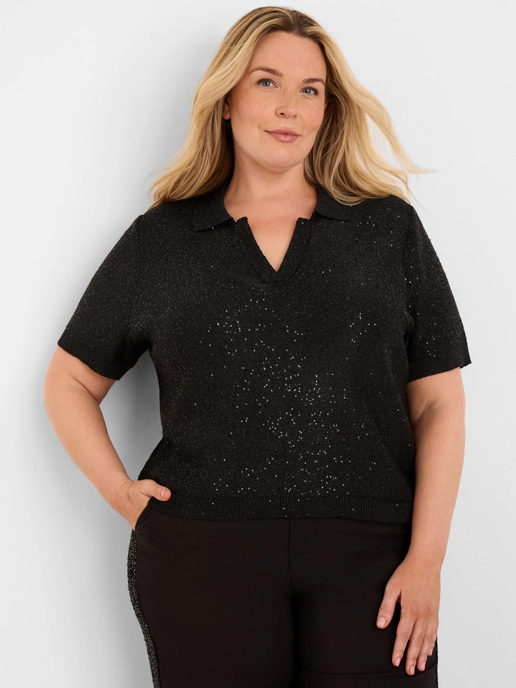 Black short-sleeve sequin sweater with polo collar and V-neck.