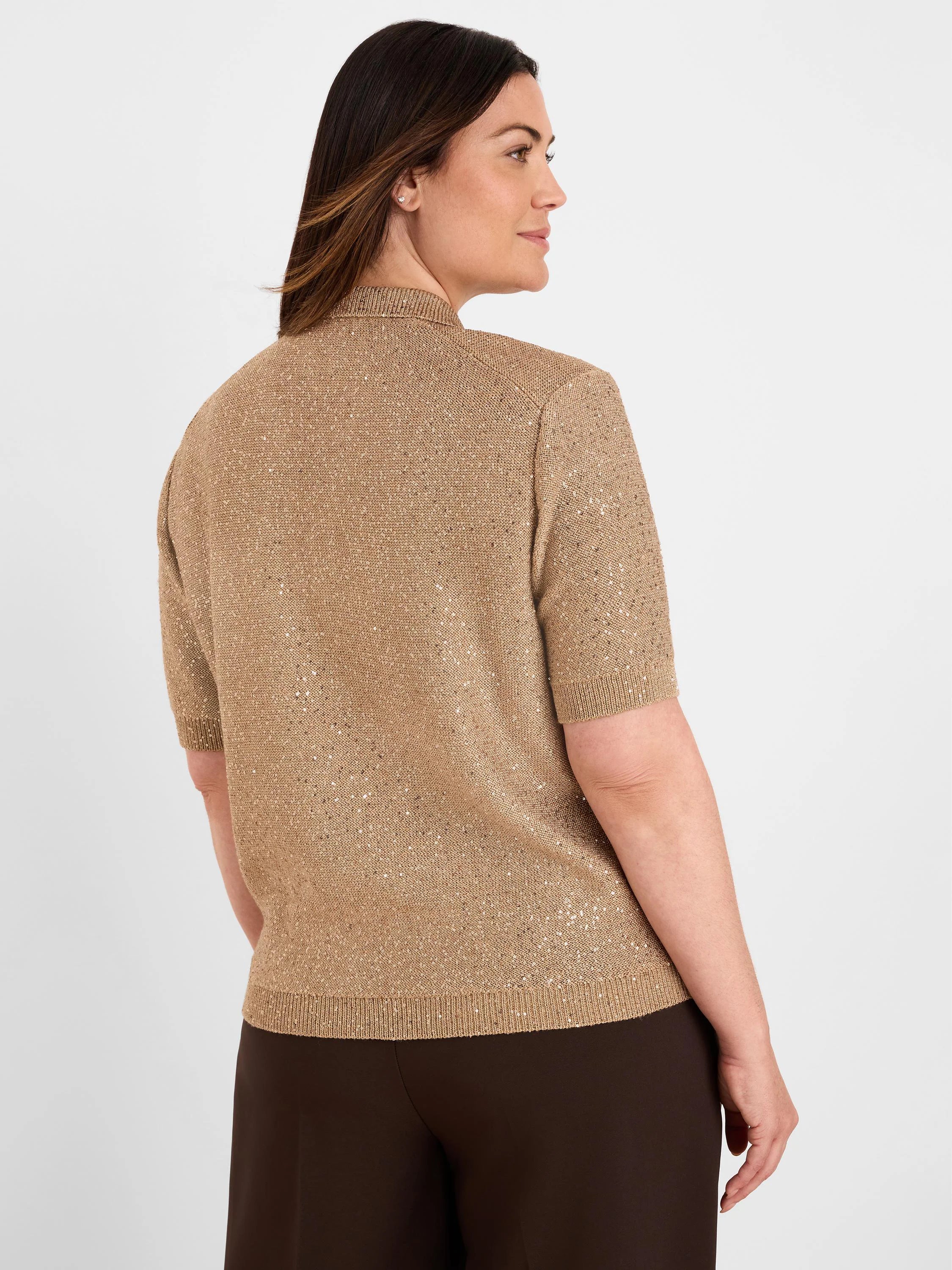 Gold sequin knit polo sweater, short-sleeve, with ribbed trim. Back view on model.