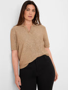 Gold sequin knit polo sweater with a V-neck collar and short sleeves.