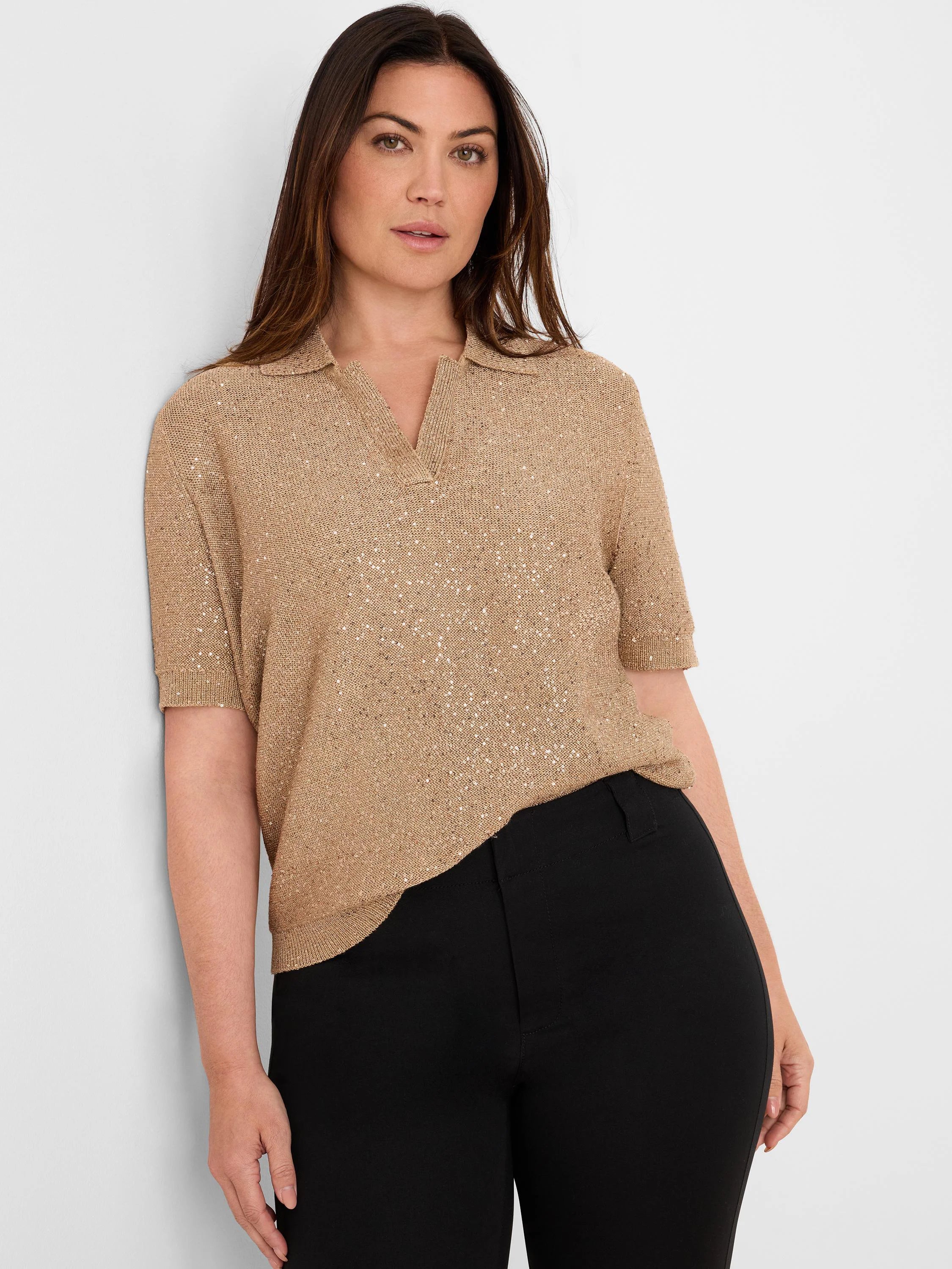 Gold sequin knit polo sweater with a V-neck collar and short sleeves.