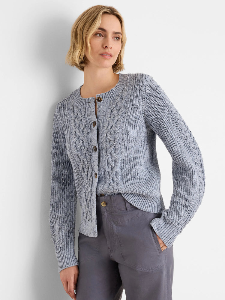 Light blue-grey flecked shaker knit cardigan with cable knit details and brown button-front closure.