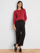 Red Sterling Stitch Sweater, featuring an open geometric knit pattern, crew neck, and ribbed cuffs.