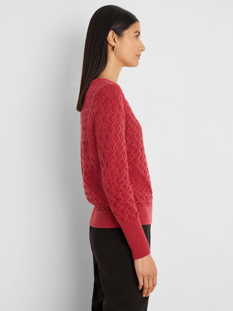 Deep red sweater featuring an open diamond-knit pattern, ribbed cuffs, and hem.