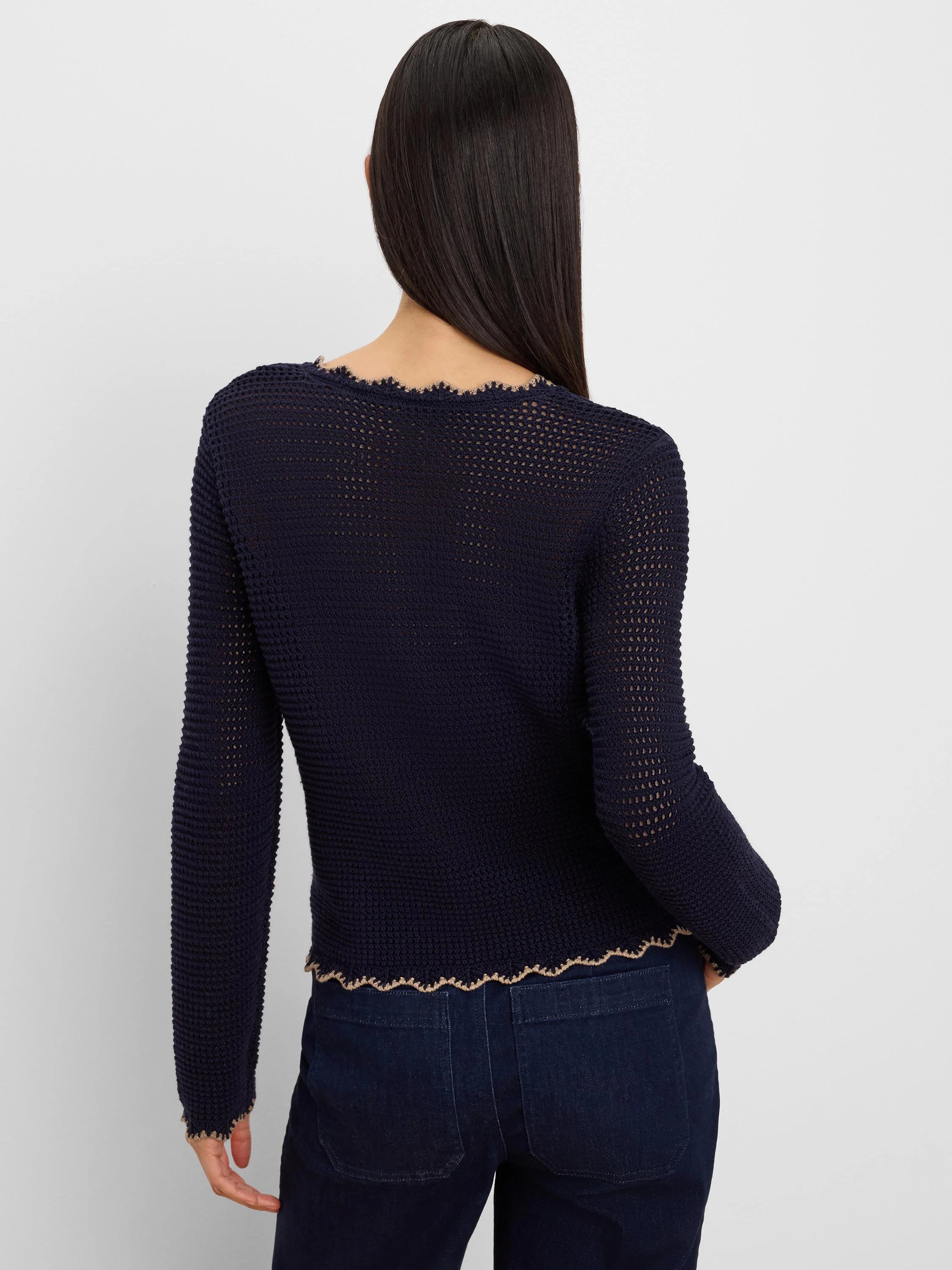 Navy blue mesh cardigan with scalloped tan trim at neckline, cuffs, and hem. Open knit, cropped.