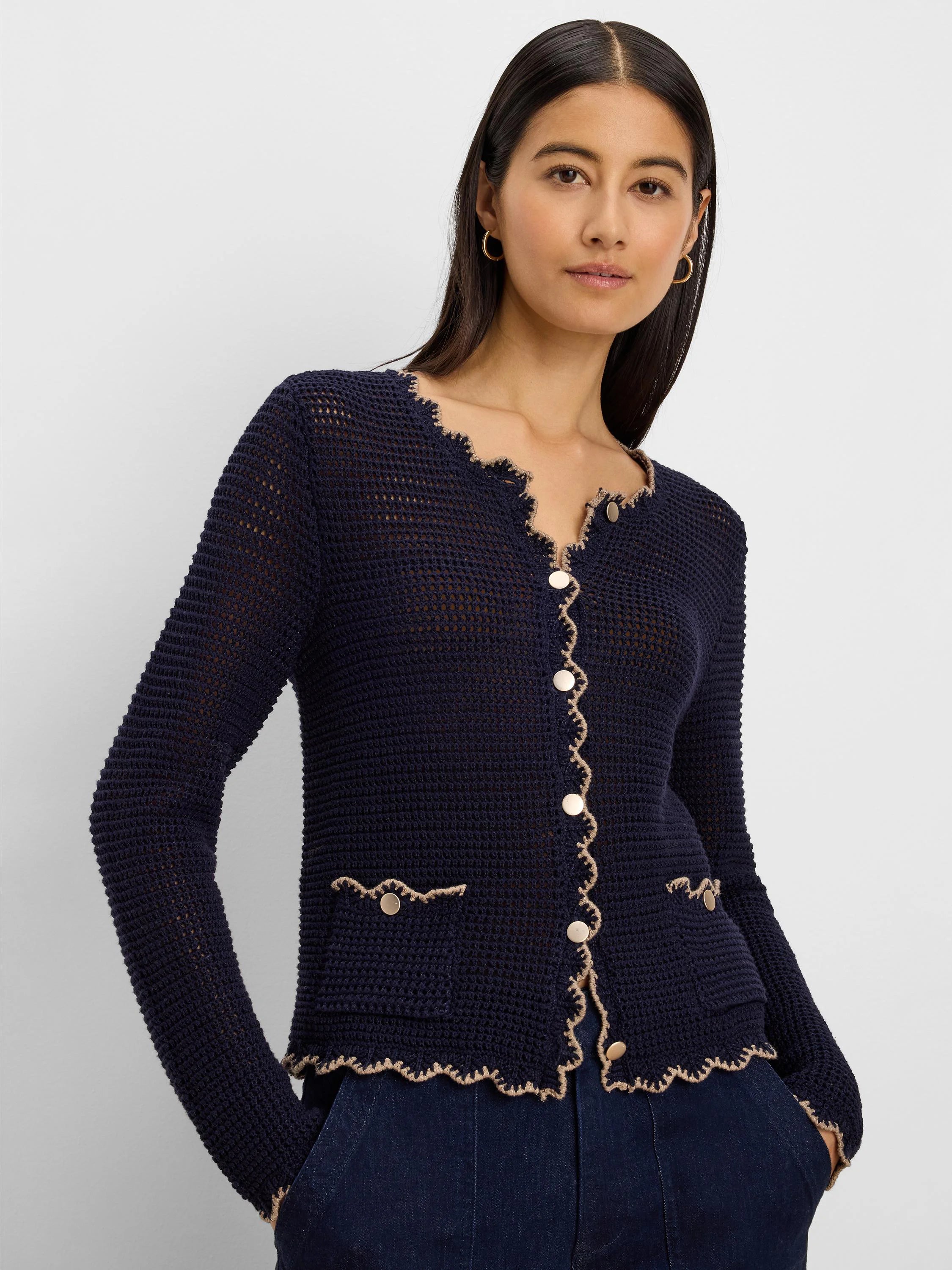 Navy blue mesh cardigan with scalloped tan trim, gold buttons, and front patch pockets.