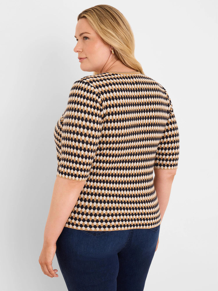 Black, tan, and cream angled jacquard sweater with elbow-length sleeves.