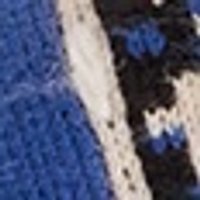 Textured knit fabric with visible loops in vibrant blue, black, and tan.