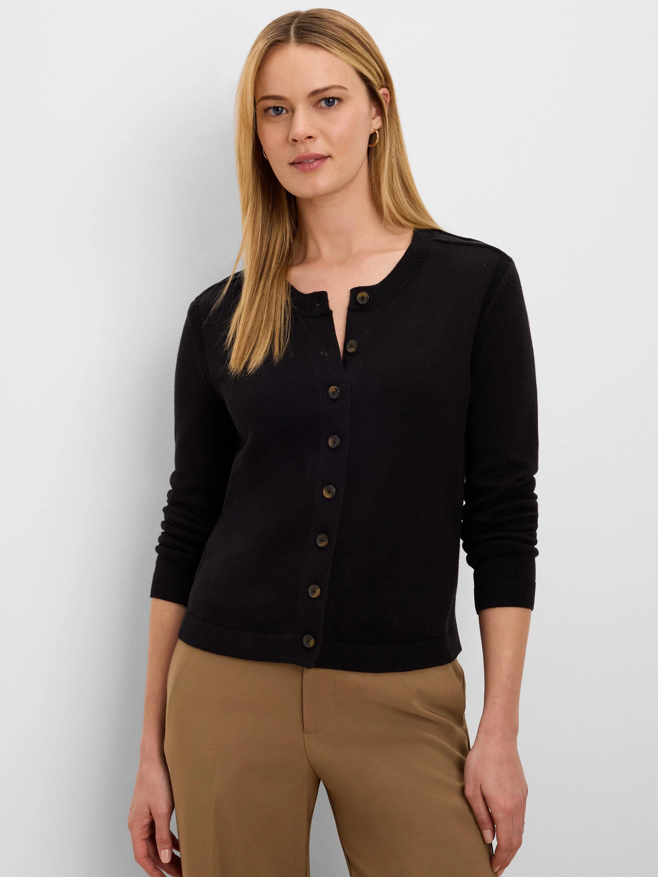 Black button-up cardigan with a round neck, dark brown buttons, and ribbed cuffs & hem.