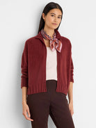 Burgundy knit cardigan, open front, with a ribbed collar, cuffs, and hem. Relaxed, hip-length fit.