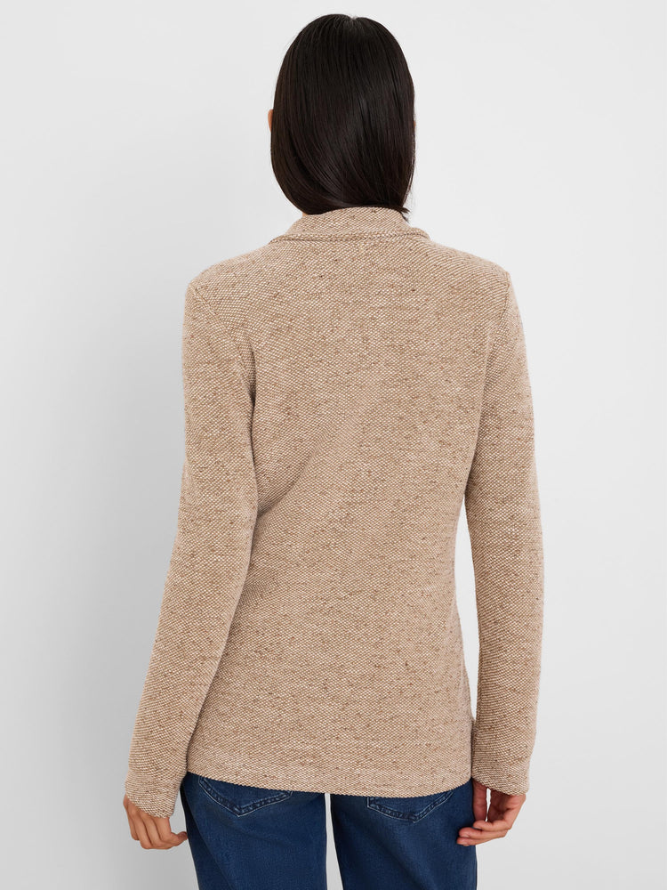 Back of a light brown tweed stitch sweater jacket with dark flecks and a textured knit.