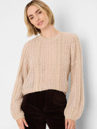 Beige open-knit sweater with fuzzy texture, prominent cable-knit panels, and puffed long sleeves.