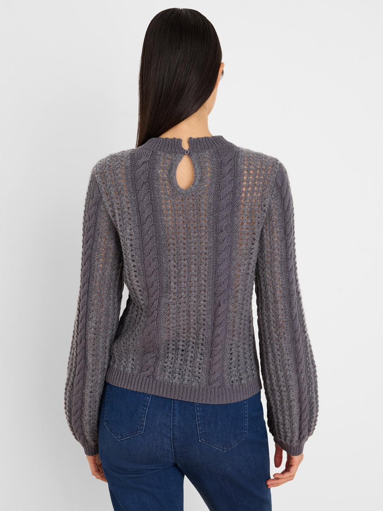 Grey sweater with mixed cable & openwork knits, keyhole button back, & puff sleeves.