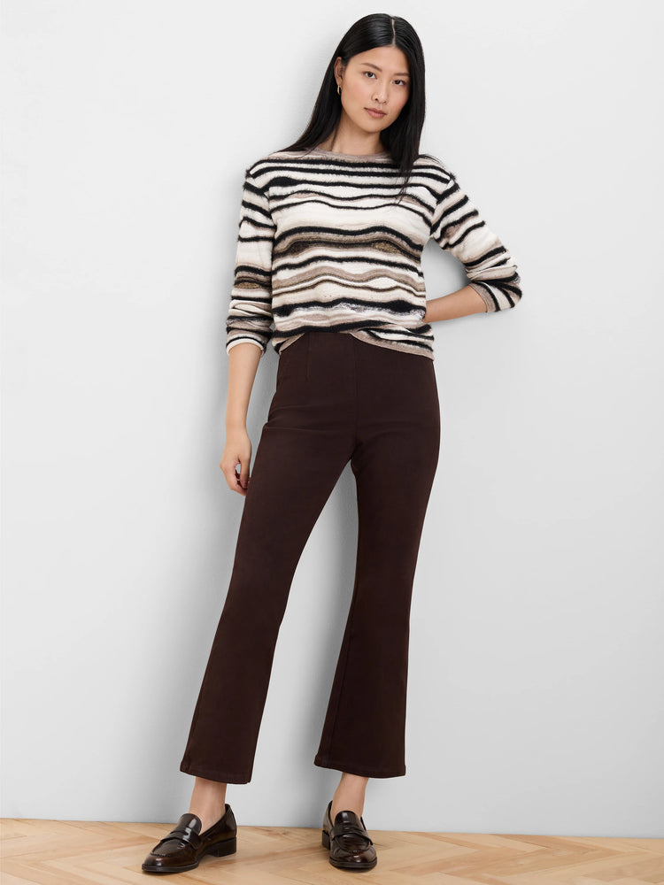 Odyssey Mix Sweater: Horizontal stripes in cream, black, brown, and gold-metallic yarn, with varied fuzzy texture.