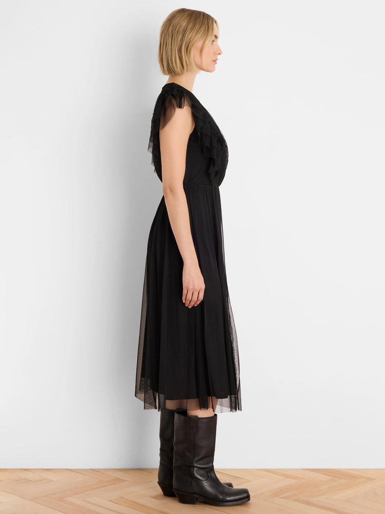 Black tulle dress featuring ruffled shoulder details, a fitted bodice, and a layered midi skirt.