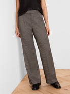 Wide-leg trousers in dark brown & tan tweed with a small, woven pattern.