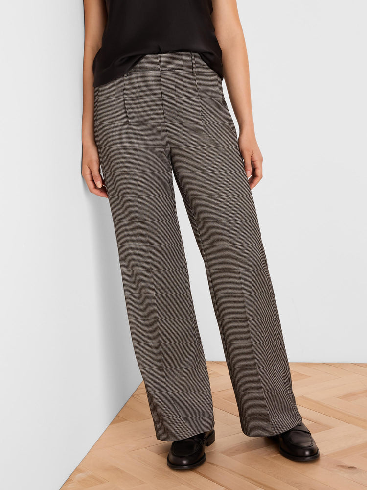 Wide-leg trousers in dark brown & tan tweed with a small, woven pattern.