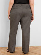 Rear view of wide leg Lurex tweed trousers. Dark brown with tiny light pattern, subtle sheen, and back welt pockets.
