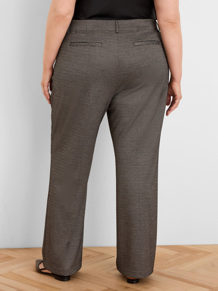 Rear view of wide leg Lurex tweed trousers. Dark brown with tiny light pattern, subtle sheen, and back welt pockets.