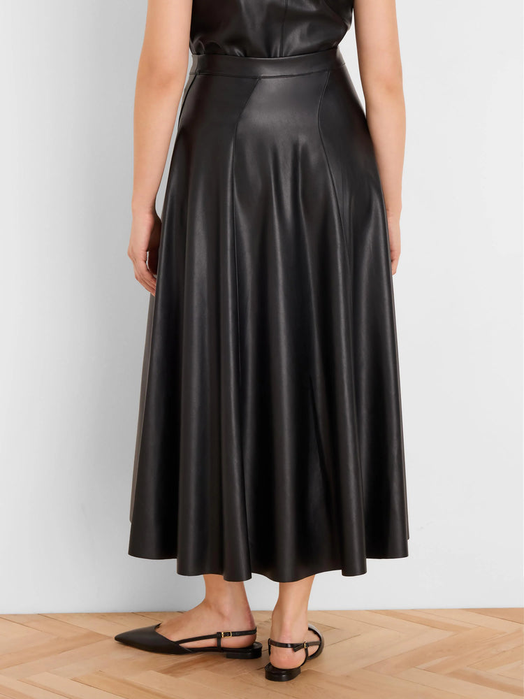 Black vegan leather midi skirt, flared A-line with vertical seams.
