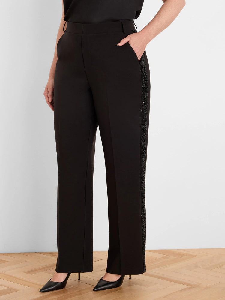 Black tuxedo pants with a black sequin stripe down the outer leg.